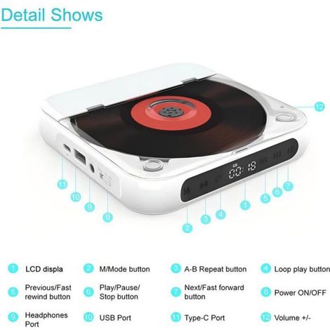 Lecteur CD Portable Bluetooth 5.3 - Batterie 2000mAh, Haut-Parleurs HiFi, CD/USB/AUX, Écran LCD, Casque Inclus, Maison/Voiture (1/5)