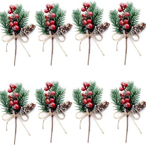 Lot de 8 pics d'arbre de Noël artificiels assortis de baies rouges, de pins, de pommes de pin, de feuilles de houx, de décoration pour la saison des fêtes d'hiver (1/3)