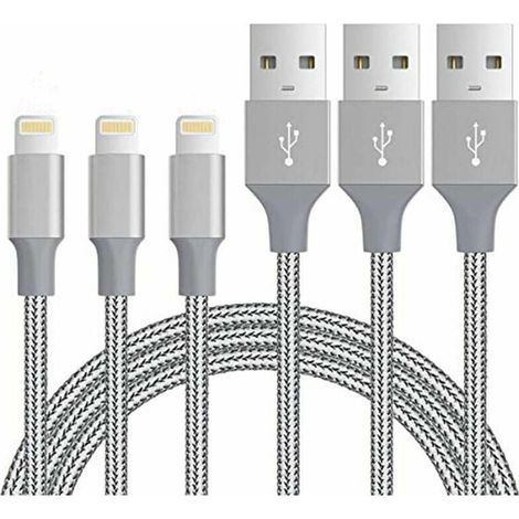 Câble de charge - Câble tressé bicolore gris argenté - 1 mètre - Charge rapide pour iPhone - Lot de 3