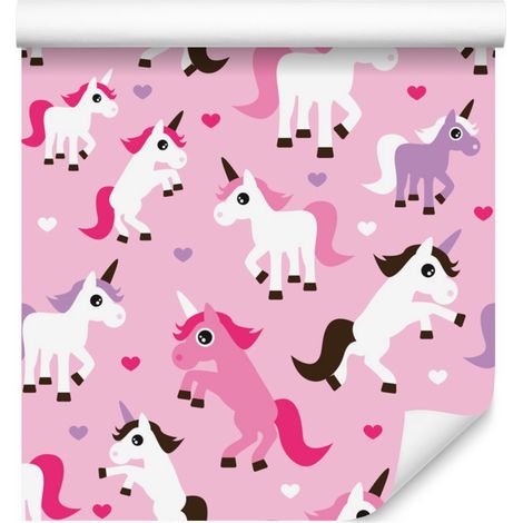 Carta da parati con unicorni e cuori per soggiorno e camera da letto, 50x1000 cm (1/5)