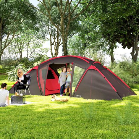 Tente tunnel, tente de camping pour 4 à 6 personnes, avec 3 pièces, crochets pour éclairage, double porte, grise