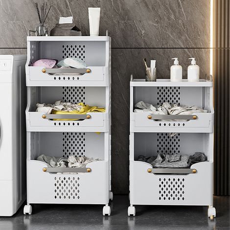 Panier à linge pliable pour la salle de bain, idéal pour ranger le linge sale. Étagère de rangement à trois niveaux pour la salle de bain. (1/5)