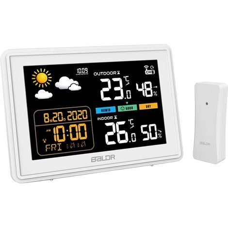 Station météo sans Fil, Thermomètre Hygromètre Baromètre Intérieure Extérieure avec Capteur LED Ecran Rétro-éclairage Horloge Numérique Alarme Blanc (1/5)