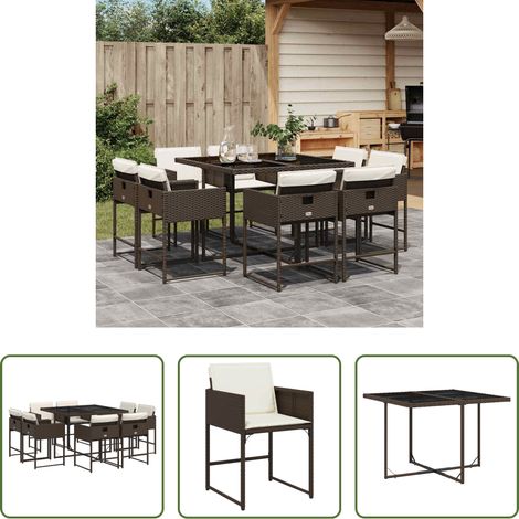 Chaises de jardin - Ensemble à manger de jardin et coussins 9 pcs marron poly rotin (1/5)