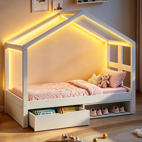 Letto 90x190 cm bianco in legno e legno sintetico con cassetto e luci LED (1/5)