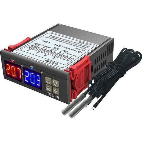 stc-3008 Double Affichage Double Contrle Rgulateur De Temprature Double Capteur Ntc Sonde Relais Sortie 24v (1/5)
