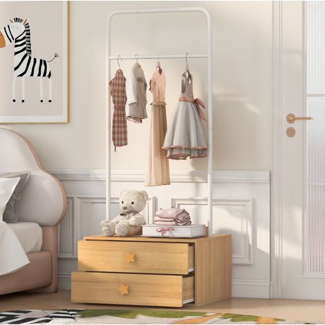 Appendiabiti per bambini 70x55x168 cm, con 2 cassetti, maniglie a stella, struttura in MDF, legno naturale (1/5)