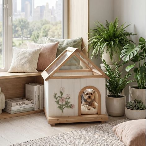 Casa para gatos de madera 60x55x80 cm, con techo de acrílico, panel frontal extraíble, blanco (1/5)