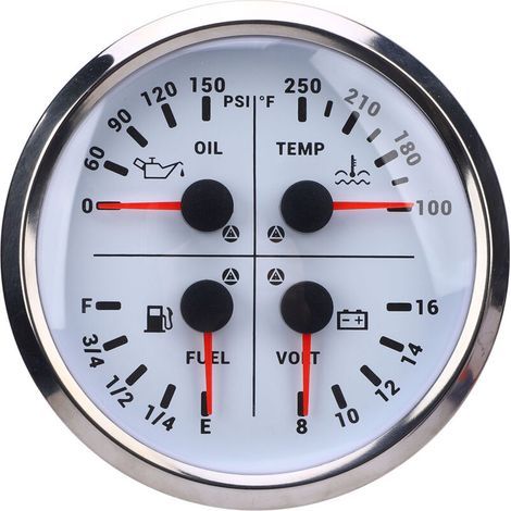 110 Mm 4 3/8 Pouces 4 dans 1 Gauge Multifonction DC 12V 0150PSI Pression D'huile Niveau de Carburant Tempilement de Température de L'eau, Camion à Bateaux RV, pour (cadran blanc (1/5)