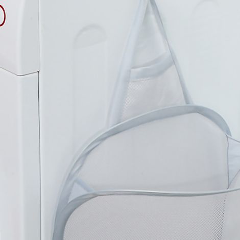 Sac à linge pliable avec crochet, panier à linge mural extensible pour salle de bain, grand filet gris lavable et pliable. (1/5)