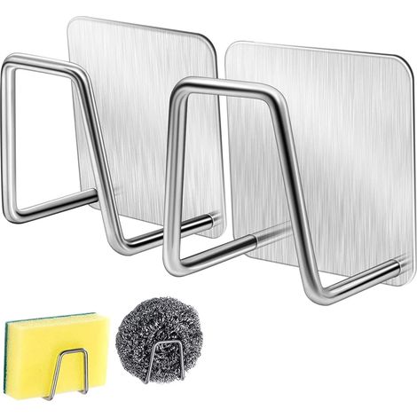Lot de 2 porte-éponges pour évier de cuisine, porte-éponge adhésif résistant - Porte-éponge étanche en acier inoxydable SUS304 (1/4)