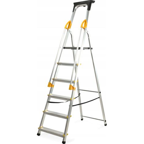 KADAX Escalera doméstica de aluminio, 6 peldaños, plegable, con pasamanos, producto polaco (1/5)