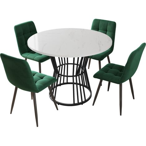 Ensemble table à manger ronde 100 cm avec 4 chaises vertes en velours, plateau MDF blanc et pieds en métal noir (1/5)
