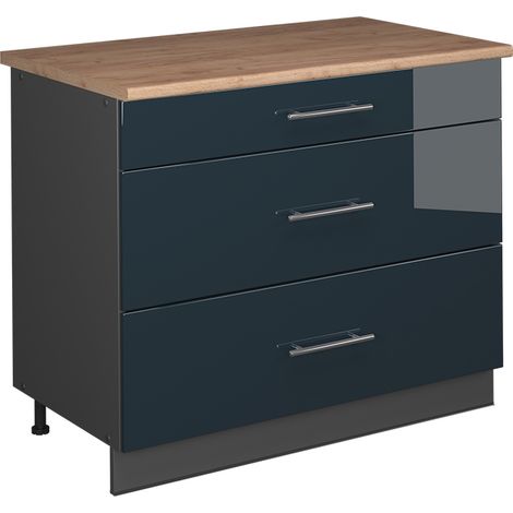 Meuble cuisine Fame-Line, Bleu foncé brillant/Anthracite, 100cm, PT Chêne, Vicco (1/5)