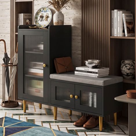 Creahappy Meuble à Chaussures avec Banc 100x35x90 cm, Rangement Entrée Gain de Place, Portes en Verre Cannelé, Noir et Doré (1/5)