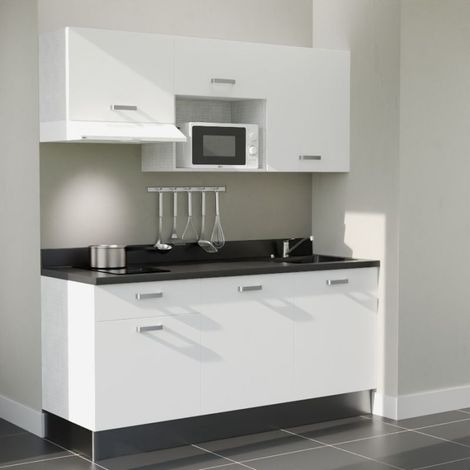 Kitchenette K30L - 180 cm - plan monobloc évier intégré Nero- évier à droite - Façades Blanc + Electroménager inclus coloris Blanc