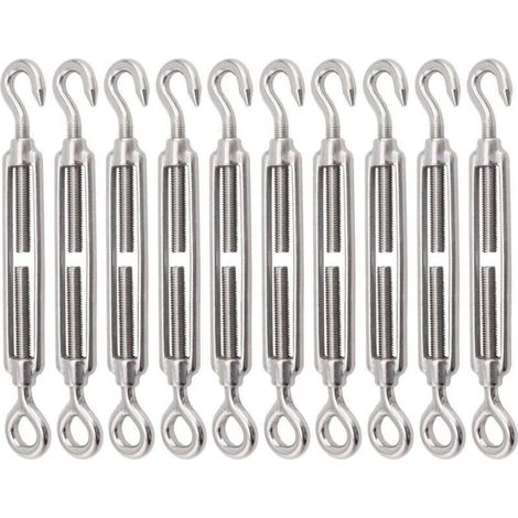 Lot de 10 tendeurs à crochet et œillet en acier inoxydable 304, tendeur robuste M8, matériel réglable pour voile d'ombrage pour serrer les câbles métalliques (1/4)