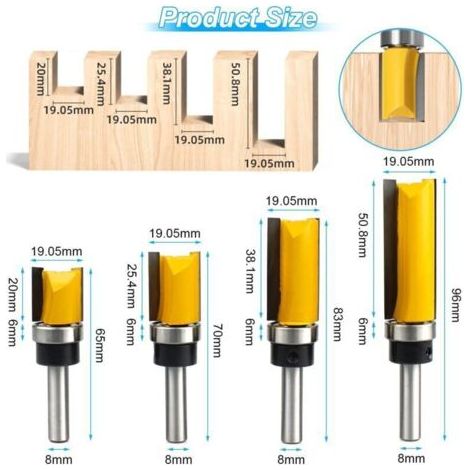 NALOOKAMIC Lot de 4 Fraises pour Défonceuses 8mm, Fraise Metal Defonceuse a Bois, pour le Bois Massif, Outil de Coupe Professionnel le Panneau de Particules, le MDF, etc. (4) (1/3)