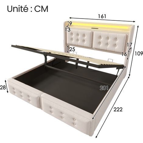 Letto Contenitore Letto Matrimoniale 160×200 cm con LED, USB, Tipo C e Ripiano, senza Materasso, Beige (1/4)