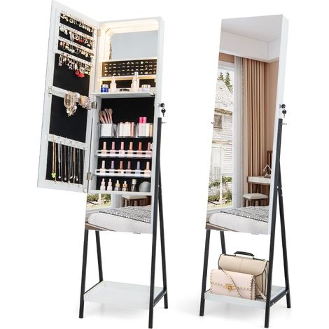 Armadio portagioie specchio lungo senza cornice luci LED 3 colori ripiano pieghevole Armadietto gioielli Bianco (1/4)