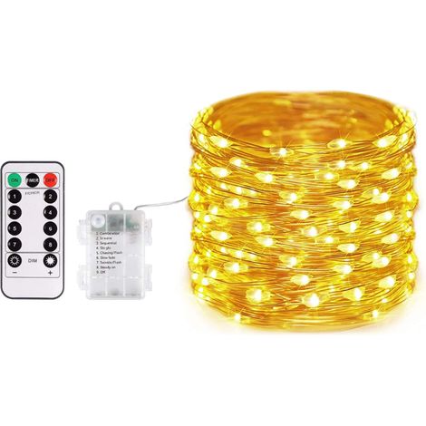 Guirlande lumineuse LED avec télécommande, fil de cuivre, 8 fonctions, boîtier à piles étanche, idéale pour le camping et Noël en extérieur. (1/5)
