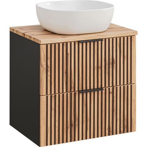 Meuble sous vasque à suspendre XILO NOIR CHÊNE 60 cm avec le plan CHÊNE et avec sa vasque VERA - style industriel (1/5)