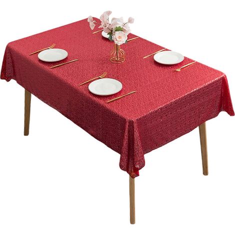 Nappe rouge à motifs floraux et sequins, en polyester anti-taches, idéale pour la décoration de la cuisine et des fêtes. (1/5)