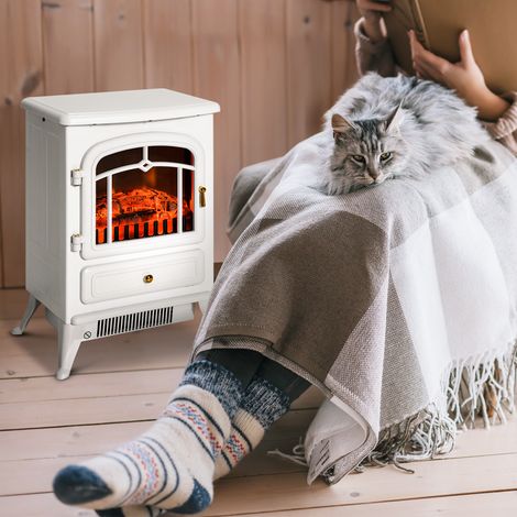 Chimenea eléctrica con efecto de llama, estufa de estilo retro, termostato, 950-1850 W, protección contra sobrecalentamiento, blanca. (1/5)