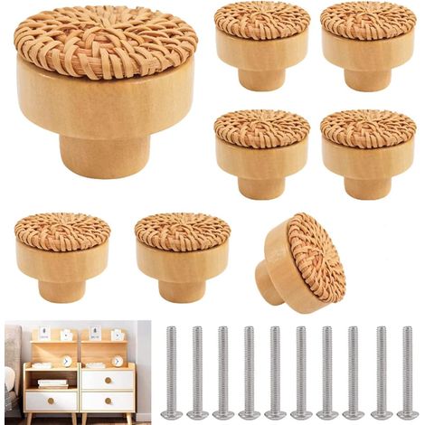 Lot de 8 Bouton Meuble Rotin 40mm, Vis Incluse, Bois Naturel, Pour Armoire Tiroir Cuisine