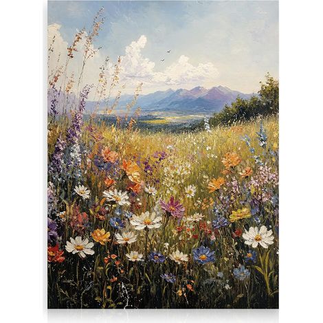 Affiche Paysage Impressionniste, Tableau Toile Montagne Fleurs Sauvages Campagne Pour Salon Chambre 30x40 Cm Sans Cadre (1/5)