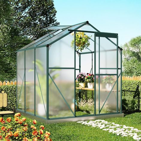 Four-season aluminum garden greenhouse, polycarbonate chalet with base and window for seedlings, plants and outdoor plants (1.8 x 1.8 m, green) (1/5)