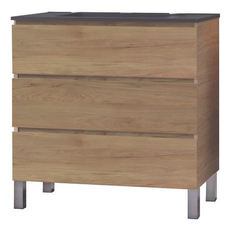 ONDEE ZEN -  Meuble salle de bain à poser TRENDY - 80 cm - 3 tiroirs - Bois- Plan noir