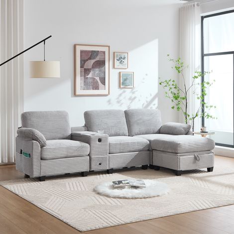 Divano 266x136x82 cm, 3 Posti, Memory foam, Tasche laterali, Pouf contenitore, USB-C, Velluto a coste grigio chiaro