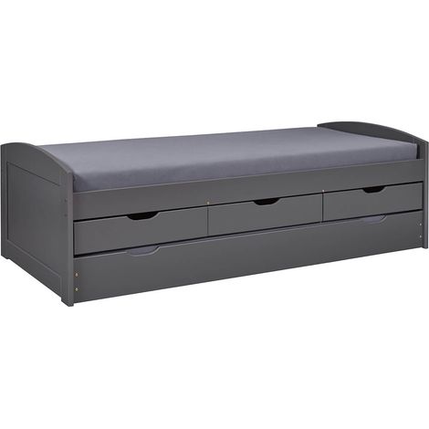 Altobuy – Lit gigogne 90x200cm – 3 tiroirs en pin massif vernis gris – Couchage supérieur avec lattes incluses – Épaisseur matelas 11-12cm (1/5)