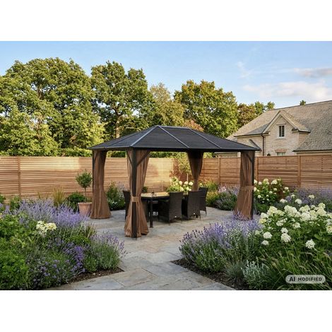 Tonnelle de jardin San Luis Steel+ avec rideaux et moustiquaire, 3x4m, Marron - Dancover (1/2)