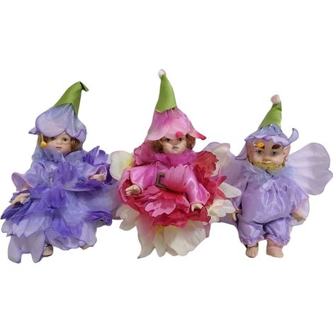 bambola di porcellana-set da 3 statue per collezione-bambina folletto elfo fiori natura vestito in tulle raso made in italy (1/5)