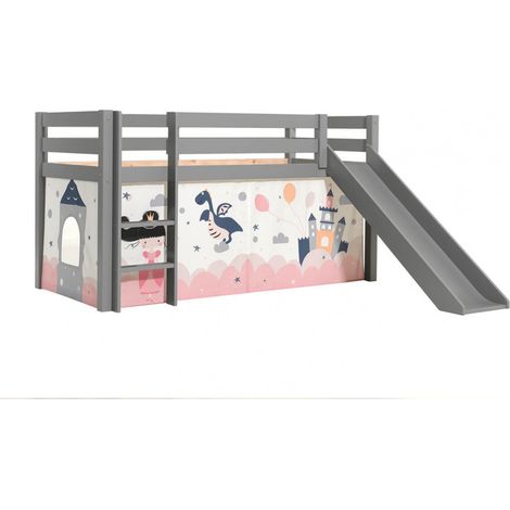 SLEEPY - Lit Mi-Haut Tobogan Laqué Gris 90x200cm Housse Princesse