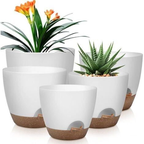 Pots 5 Pcs Fleurs en Plastique, 18/16.5/15.2/14/12.7cm Pots à Fleurs/Plantes en Plastique, Auto-Arrosant avec Soucoupe de Fleur Convient aux Jardins (1/5)