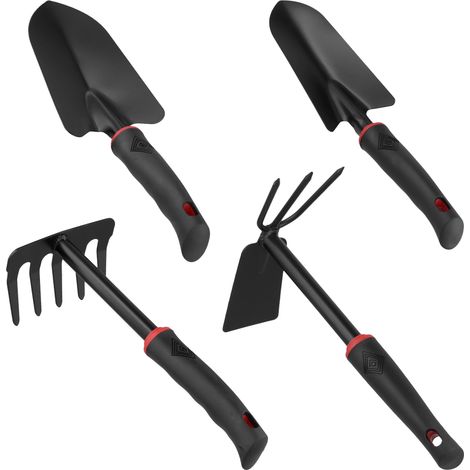 Lot de 4 outils de jardinage noirs - Petite pelle de jardin 2 en 1 - Pioche à 5 dents - Outils de jardinage - Accessoires pour le jardinage, les excursions à la plage comme cadeaux (1/5)