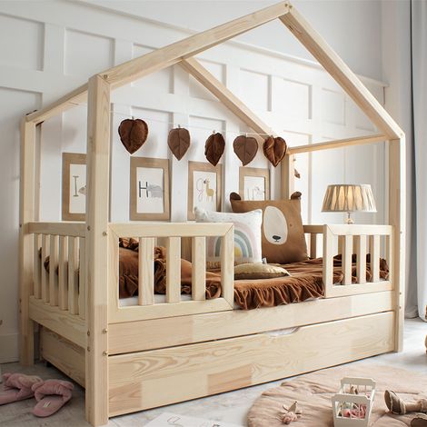 Cama cabaña 90x190 con barandilla somier y cajón Roxane Madera (1/4)