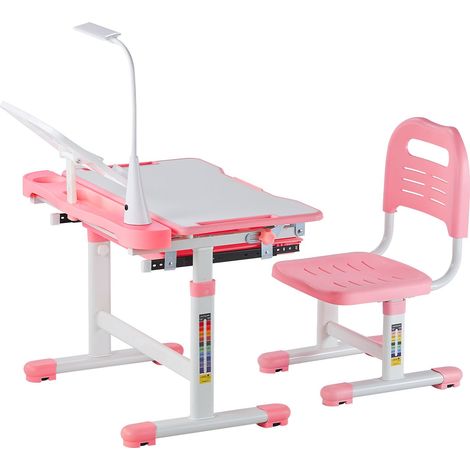Kinderschreibtisch und Schreibtischstuhl mit Lampe, höhenverstellbar und 0-40° neigbarer Sitzfläche, rosa. (1/5)