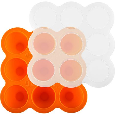 Moule alimentaire en silicone 9 cavités avec couvercles étanches, couleur vive orange, idéal pour congélation et préparation de repas pour bébé (1/5)