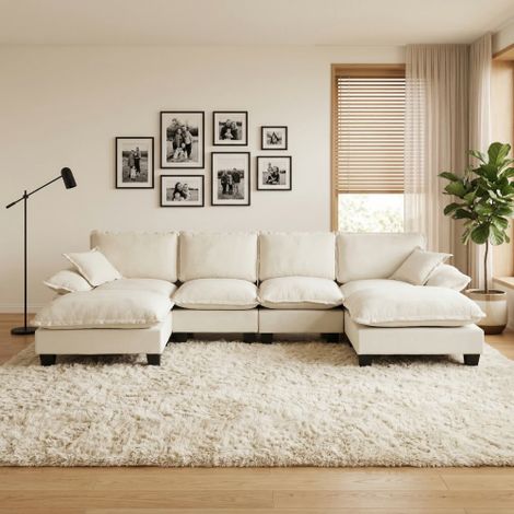 Modulares Ecksofa, U-förmige Cloud-Couch mit Segelboot-Design, 6-Sitzer Sofa aus komfortablem Chenille-Stoff mit beweglichen Ottomanen für Wohnzimmer & Apartments, Beige