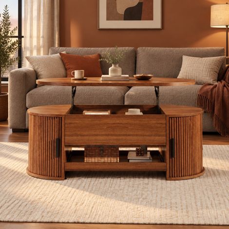 Mesa de centro elevable con almacenaje oculto y puertas correderas, 110 x 55 x 55 cm, MDF nogal (1/5)