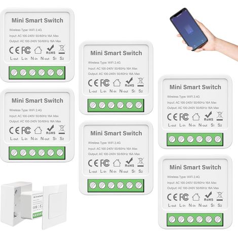 Lot de 6 modules d'interrupteur intelligents 2 voies - Interrupteur Wi-Fi - Mini interrupteur Wi-Fi compatible avec l'application - Conducteur neutre (1/5)