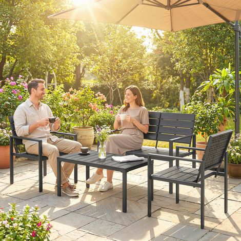Gartenmöbelset für 4 Personen mit 2-Sitzer-Sofa, 2 Sesseln, Couchtisch, Schwarz