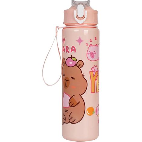 Simpatico bicchiere da viaggio per bambini con motivo capibara, 700 ml, colore rosa, con cannuccia e manico, perfetto per un'avventura nel mondo animale. (1/5)