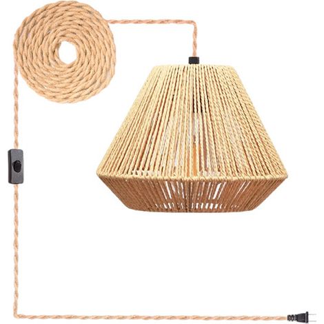 AUTRUCKER Lustre en paille de style français, lustre rustique en rotin à brancher, ampoule non incluse, prise standard européenne (1/5)