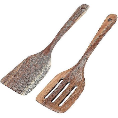 Spatules de cuisine en teck, ensemble de 2 pièces : spatule plate et spatule ajourée, couleur bois naturel, modèle à suspendre (1/5)