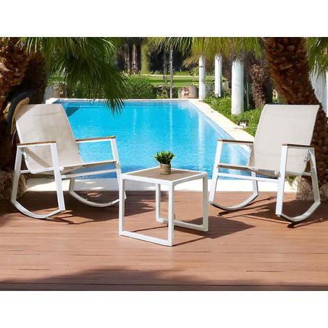 Salon de Jardin 3 Pièces Métal Blanc + Bois  2 Fauteuils à Bascule + Table Basse - Livraison gratuite
